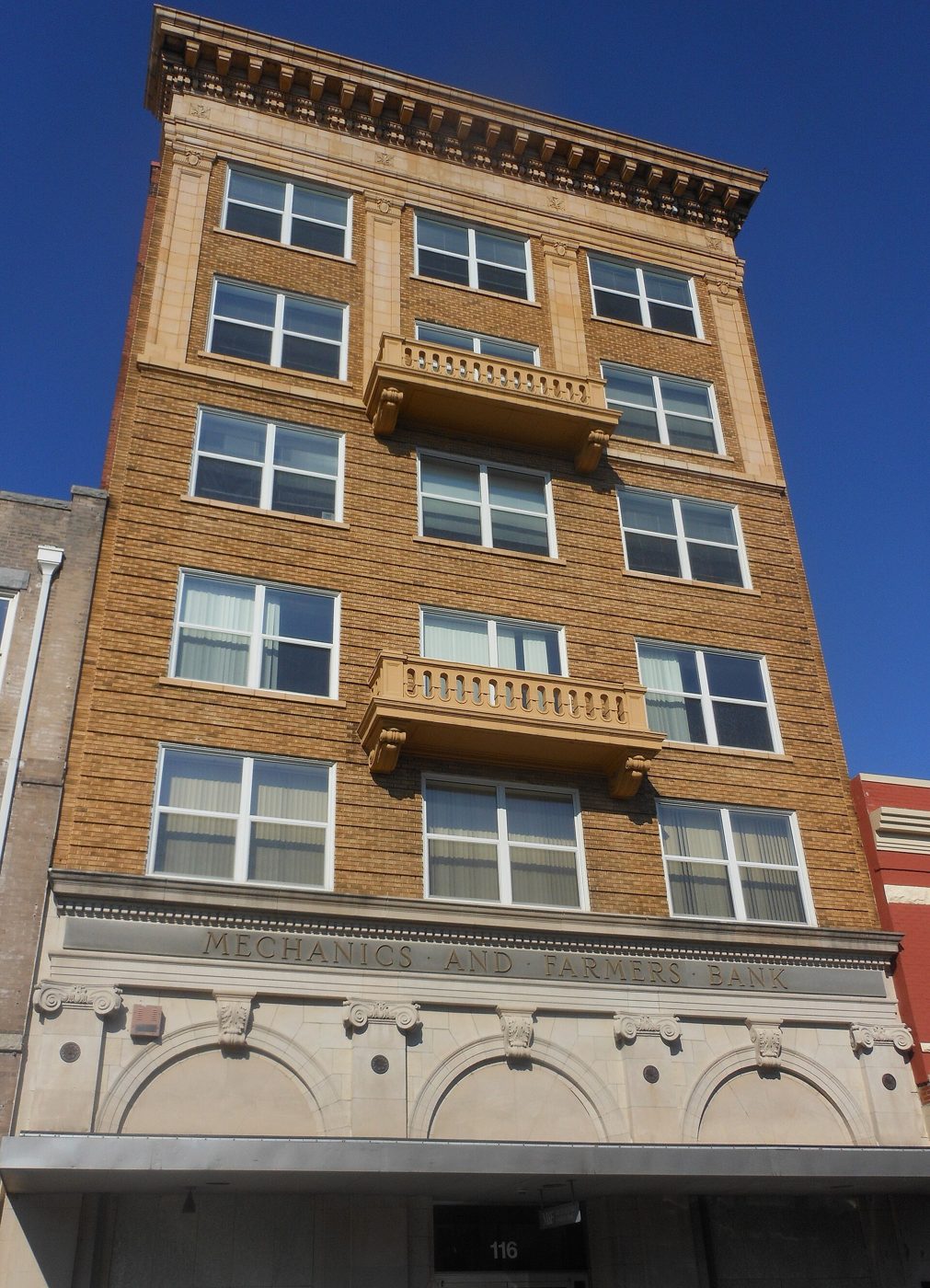 The historic Mechanics and Farmers Bank building on Parrish Street in Durham