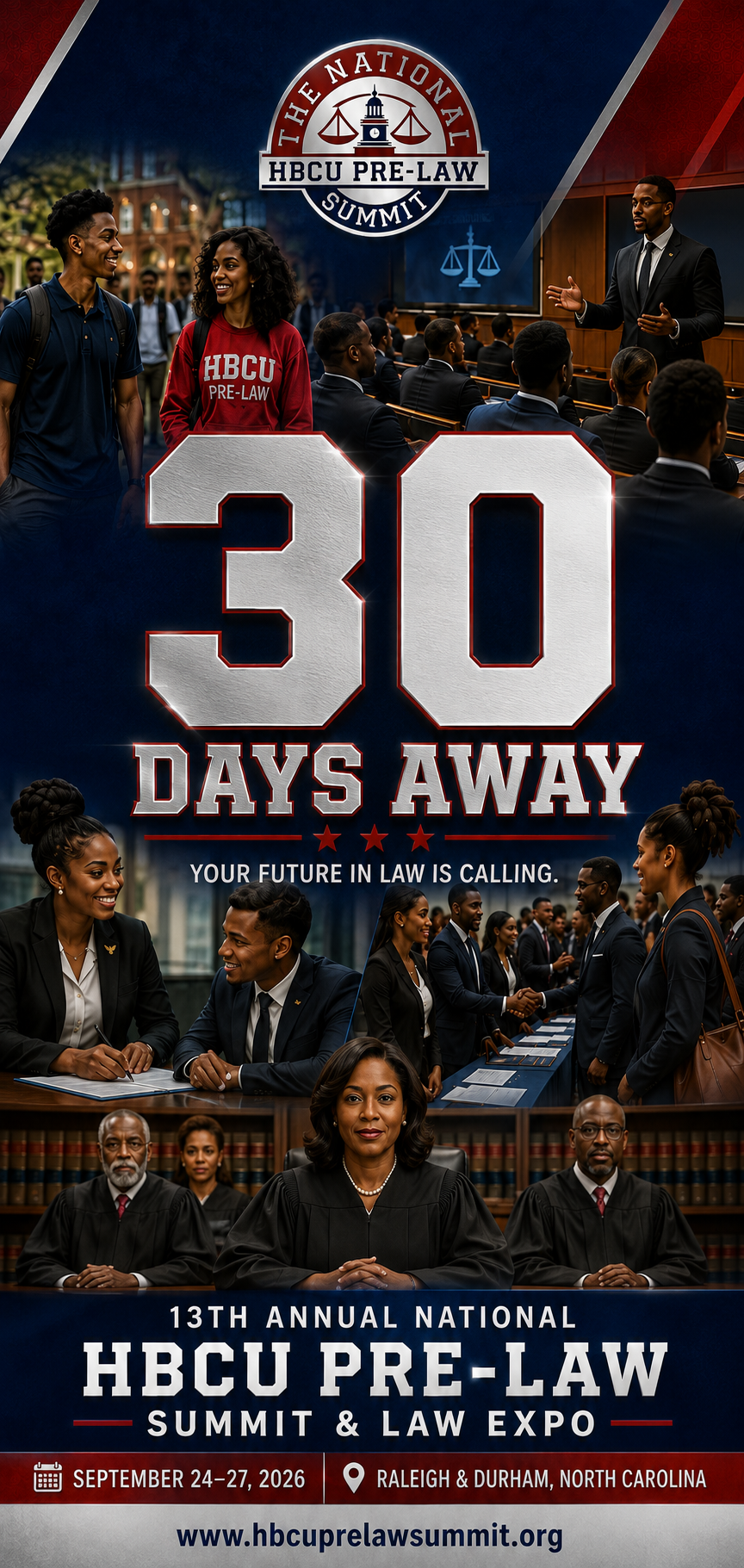 13th Annual National HBCU Pre-Law Summit and Law Expo countdown flyer: 30 days away, September 24-27, 2026, Raleigh and Durham, North Carolina