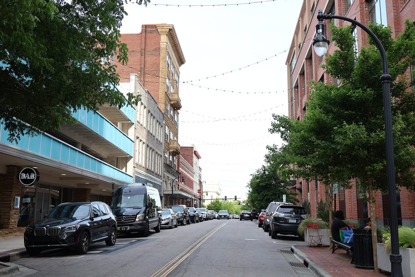 Historic brick storefronts along West Parrish Street — Durham's Black Wall Street