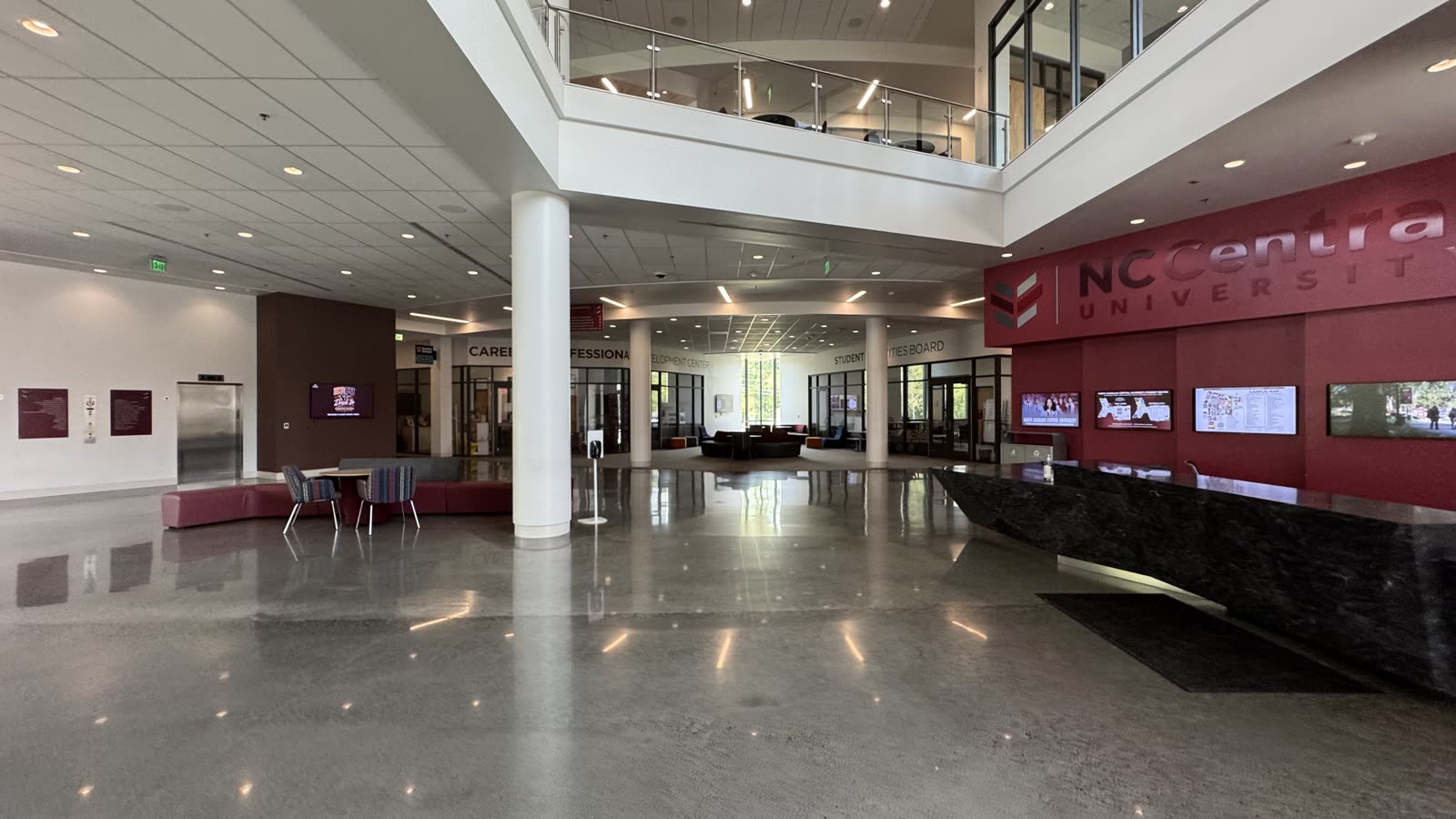 Second floor lobby of the NCCU Student Center with the NC Central University welcome desk