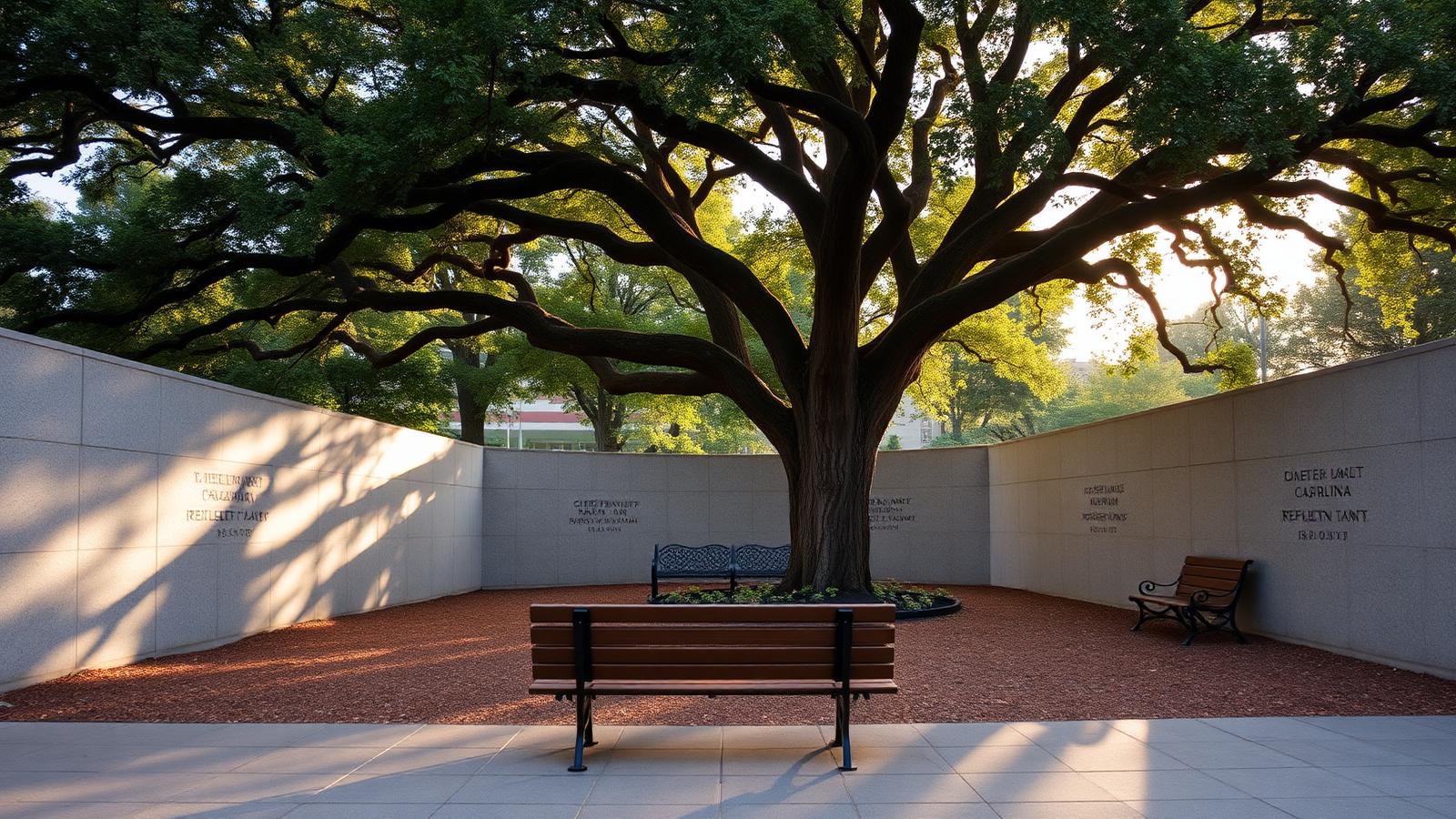 Shaded reflection park with granite walls and mature oaks — evoking NC Freedom Park in Raleigh